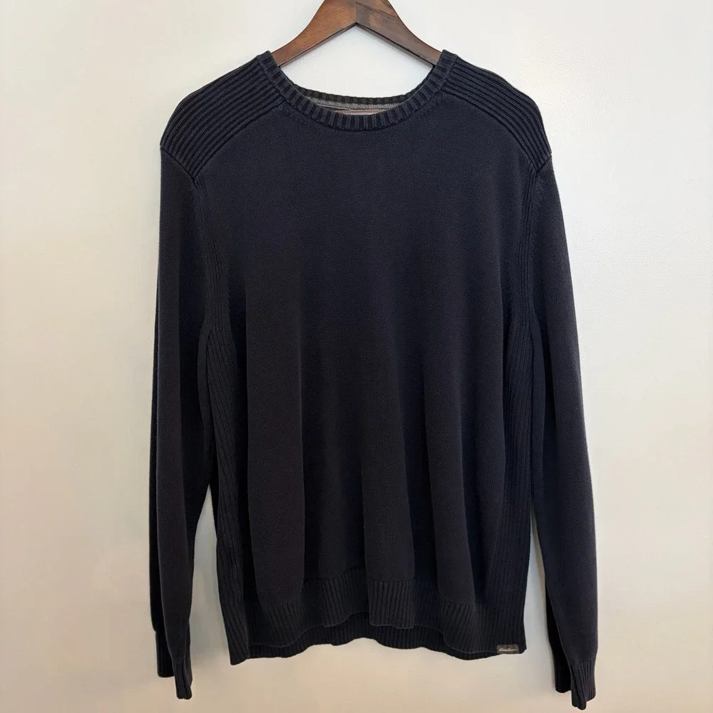 Eddie Bauer‎ Mens XL Navy Blue Crewneck Cotton Knit Ribbed Shoulder Sweater